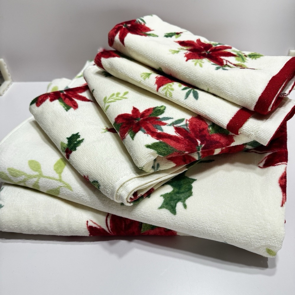 Lenox Winter Meadow 6 Pc Bath Hand Finger Tip Towel Set Poinsettia New Cotton